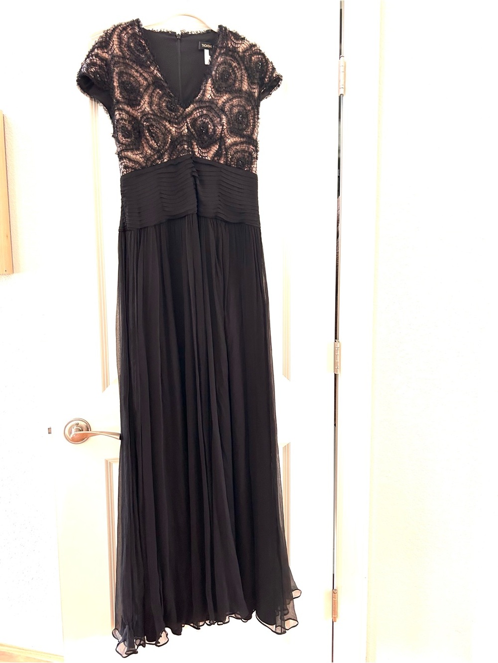 Tadashi Shoji Poodle Lace Silk Chiffon Evening Gown. Maxi Length. Rosettes. EUC
